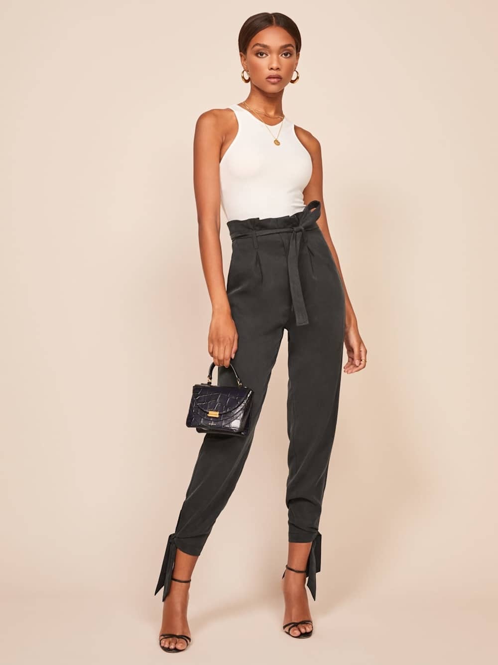 Reformation Avalon Pants - High-Waist Paperbag Tie Ankle Pants - Black